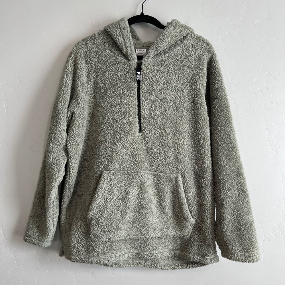 PINK Victoria's Secret Sherpa Fleece‎ Quarter Zip Hoodie Olive Green Size M